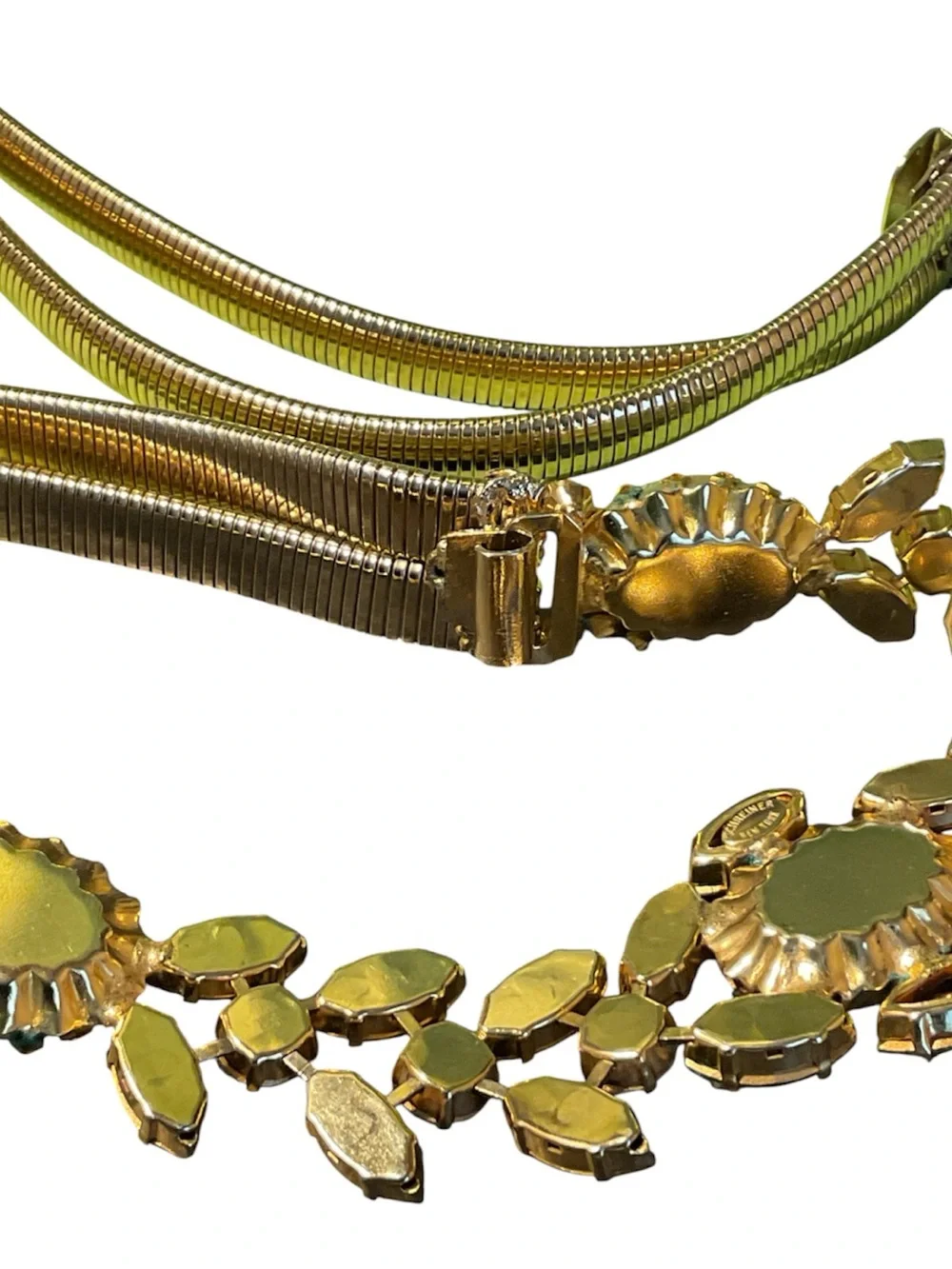 - Vintage Schreiner NY Gold Plated Pearl Crystal Tubogas Belt
